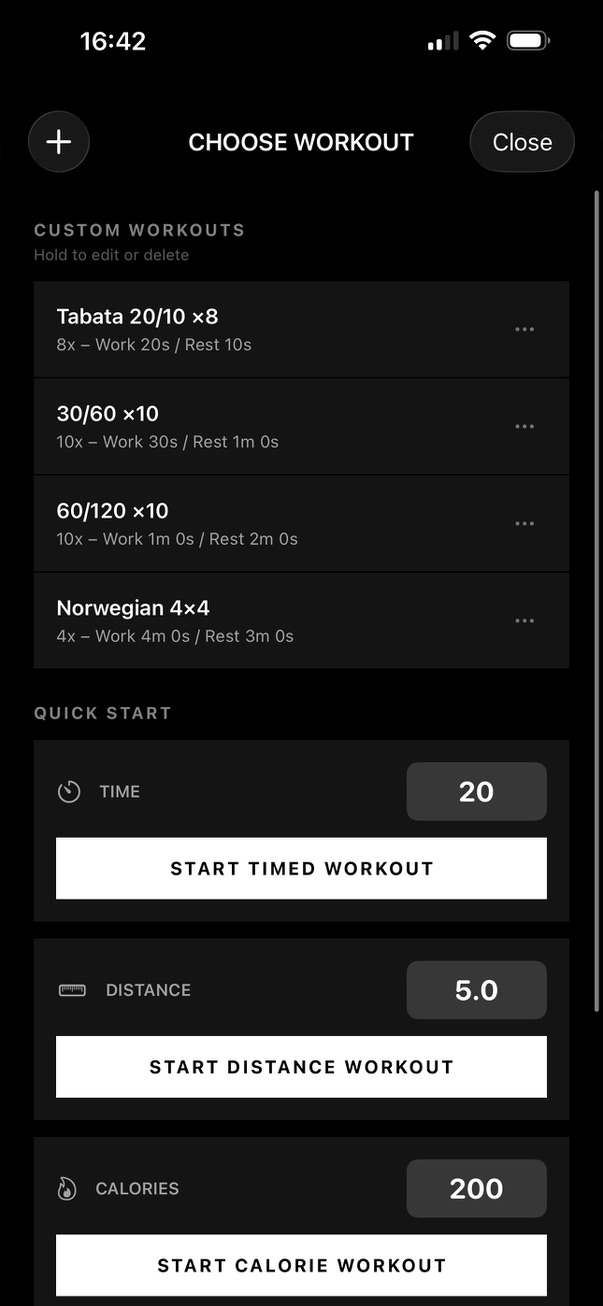 Custom Workouts selection with Tabata and intervals
